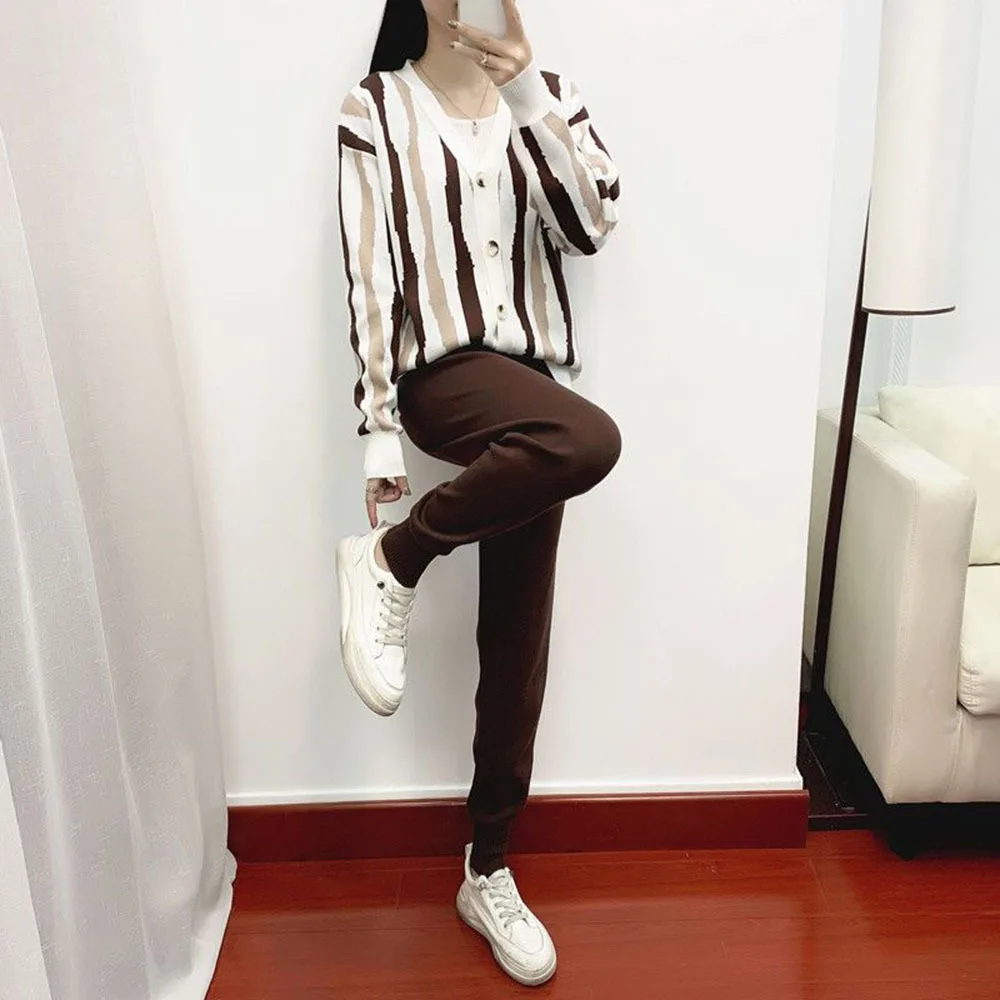 

Fashion Spring Autumn Knit Tracksuit Women Set Loose V neck Knitted Cardigan Harem Pants Female Two Piece Outfits