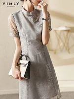 vimly elegant summer womens new cheongsam dresses stand collar embroidery a line slim midi mesh dresses female vestidos v3203