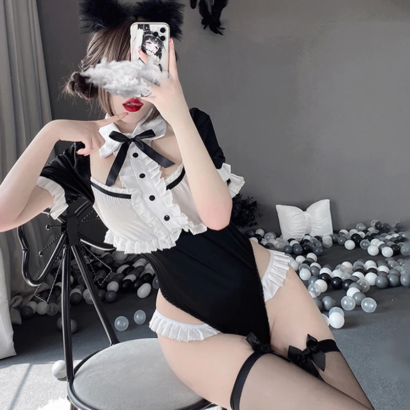 

Exotic Lace Hollow Bodysuit Japanese Sexy Lingerie Cosplay Maid Uniform Cute Bikini Ladies Pajama Set Adult Erotic Clothing