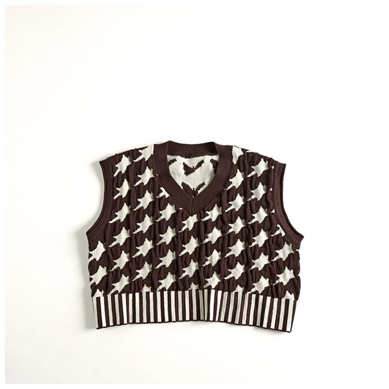 Женский Осенний Трикотажный жилет модный жаккардовый в клетку полоску для