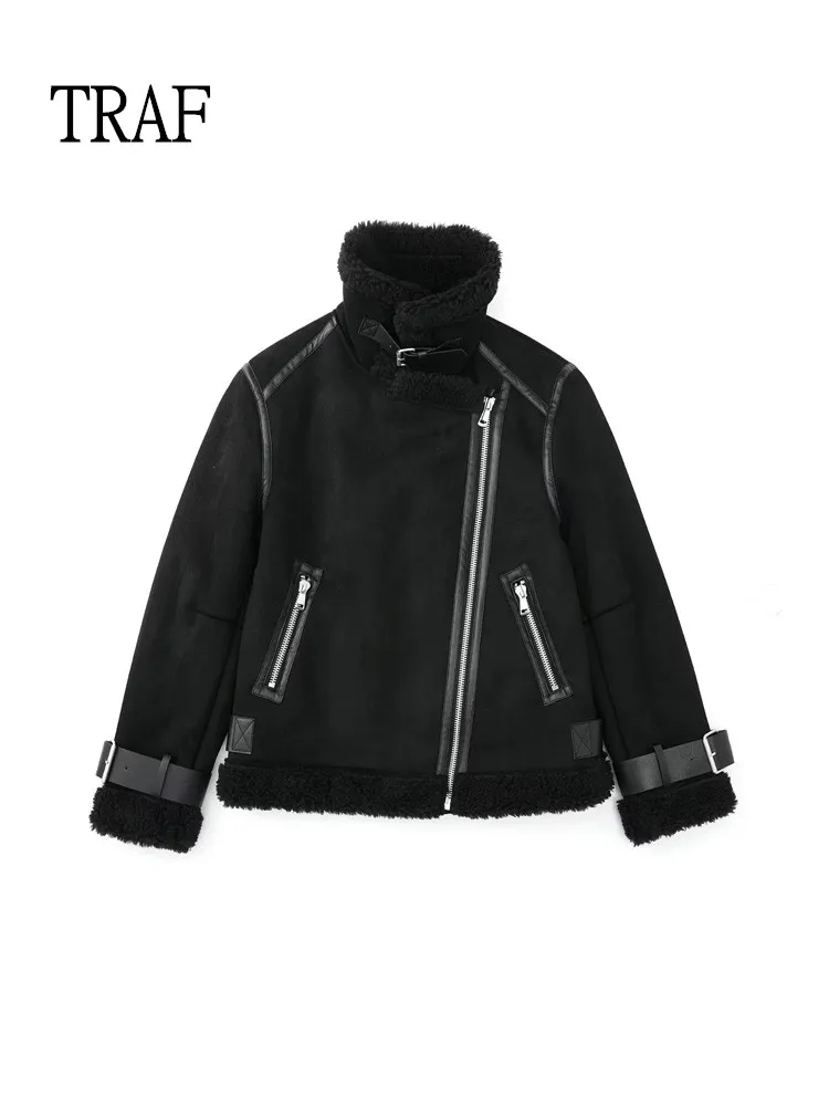 TRAF Winter Clothes Women Jacket 2022 Lambswool Imitation Leather Female Jackets Loose Vintage Zipper Long Sleeve Pockets Female