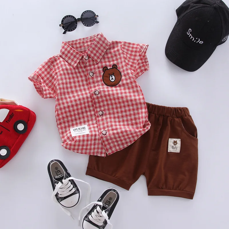 

Children boys summer clothes set 2022 baby infant fashion cartoon plaid Short sleeve+ shorts 2pcs for kids trasksuits sets