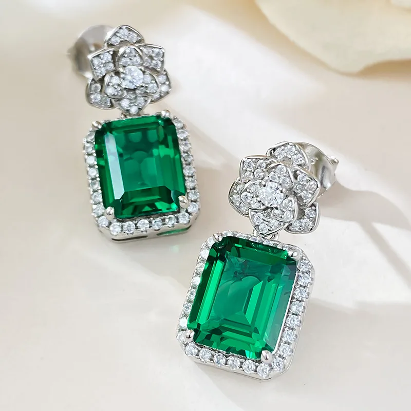 Серебряные серьги-гвоздики S925 роскошный набор с 8*10 нанозелеными простыми и