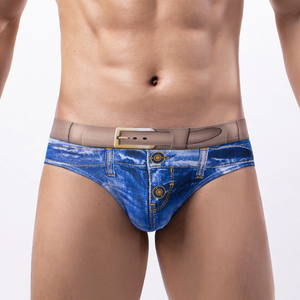 

Men Sexy Fake Jean Briefs Personality Man Underwear Bikini Trunks 3D Printing Panties Male Stretchy Imitation Denim Underpants