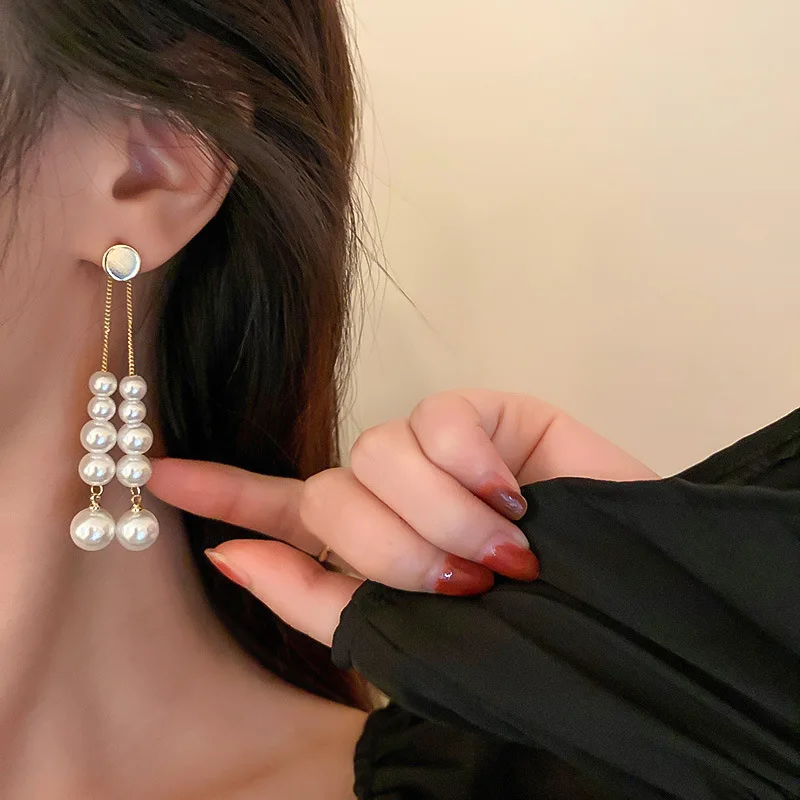 

Minar Textured Multi Imitation Pearl Long Tassel Earring for Women Gold Color Copper Geometric Hanging Dangle Earrings Jewelry