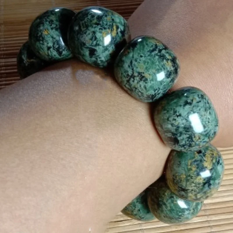 

Natural Jade Tibetan Medicine King Stone Serpentine Gold Flower Old Bead Bracelet Men and Women Health Care Jewelry