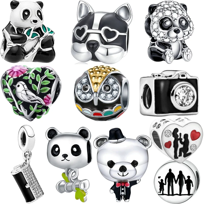 New Black Style Panda Bear Camera Heart Fashion Family Beads Fit Original Pandora Charms Bracciale Color Argento Donna Gioielli Fai Da Te