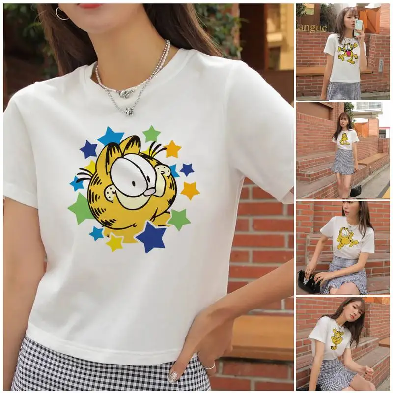 Bandai Garfield Cat Popolar 2022 футболка Летняя одежда Повседневная Женская хип-хоп с круглым