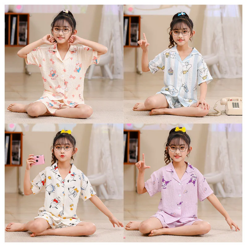 

Cartoon Sanrios My Melody Cinnamoroll Kuromi Pochacco Children Short-sleeved Shorts Pajama Set Kawaii Summer Cotton Home Clothes