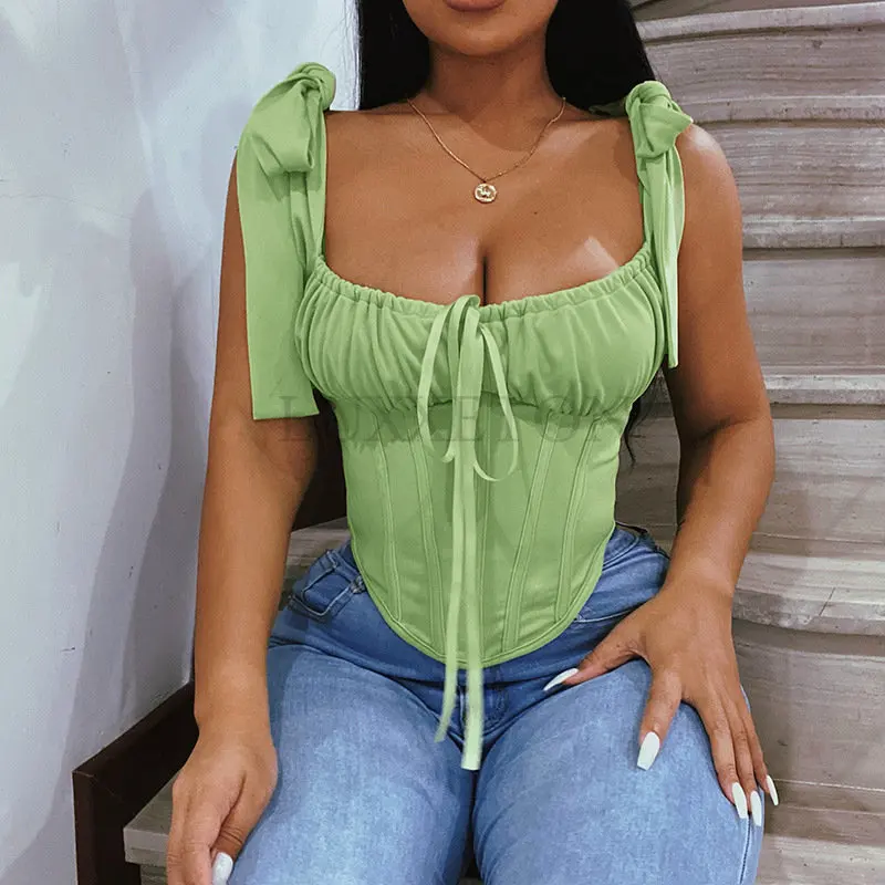 

Майка женская с квадратным вырезом, пикантный укороченный топ с оборками, с открытыми плечами, без бретелек, с открытой спиной, Зеленый Черн...