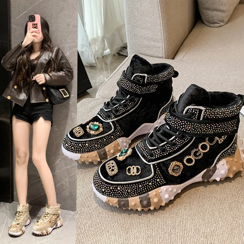

High top dad shoes women's 2023 autumn and winter new fashion sports shoes rhinestone sponge bottom gold velvet women's shoes