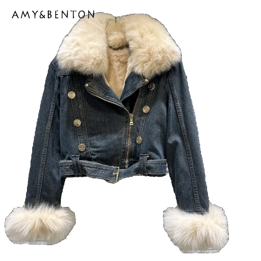 

2023 Winter New Style Streetwear Fox Furry Collar Beveled Zipper Rabbit Faux Fur Liner Denim Short Coats Jaquetas Feminina Jeans