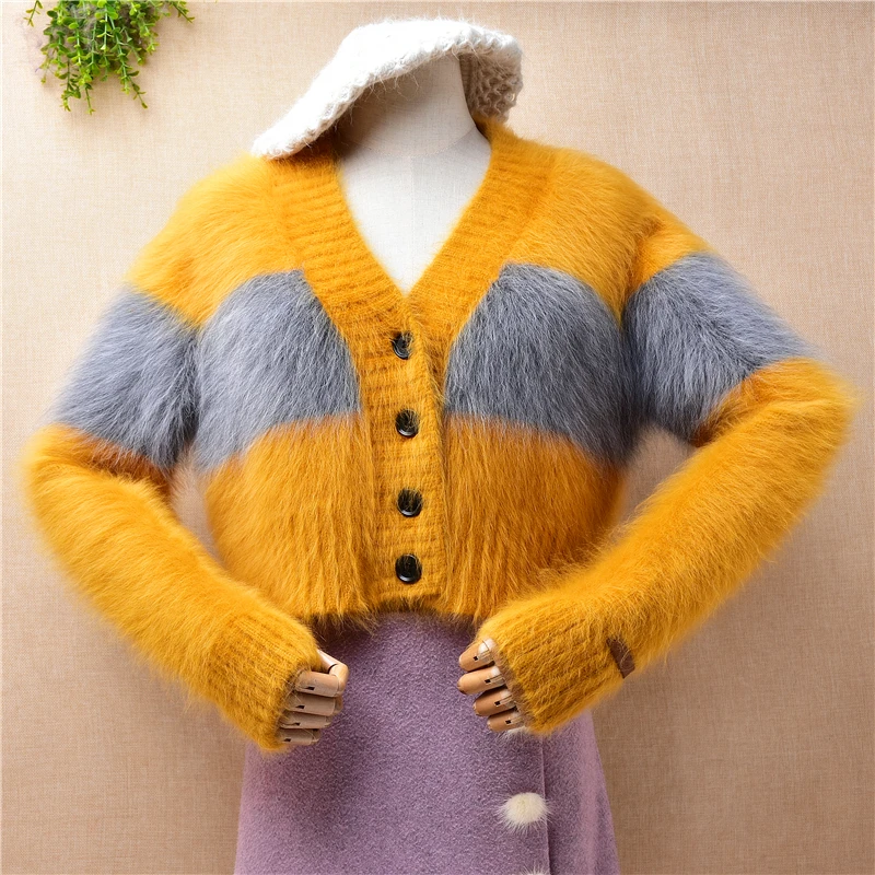 

04 Female Women Fall Winter Colored Hairy Mink Cashmere Knitted Cropped Top V-Neck Loose Cardigans Angora Jacket Sweater Pull
