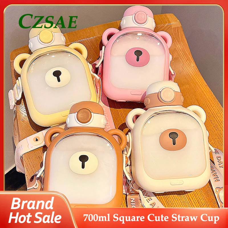 

1pcs 700ml Large-capacity Children and Students Square Cute Straw Cups Girls Kawaii Portable Messenger Bag Outdoor Sports Kettle