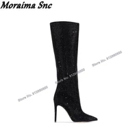 moraima snc black solid slip on crystal boots for women knee high boots pointed toe stilettos high heels runway shoes on heels