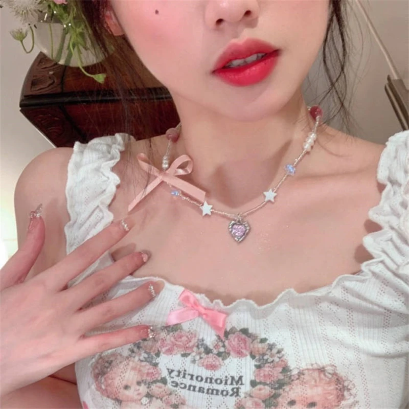 

New Korean Romantic Pink Heart Zircon Bow Crystal Pearl Necklace for Women Sweet Charm Shiny Necklace Jewelry Gift for Friends