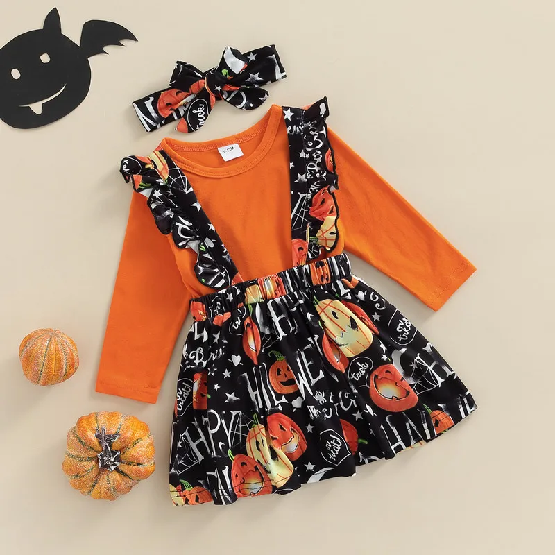 

Baby Girls Halloween Outfit Sets Autumn 2022 Clothes Solid Color Long Sleeve Bodysuit Pumpkin Print Suspender Skirt Headband