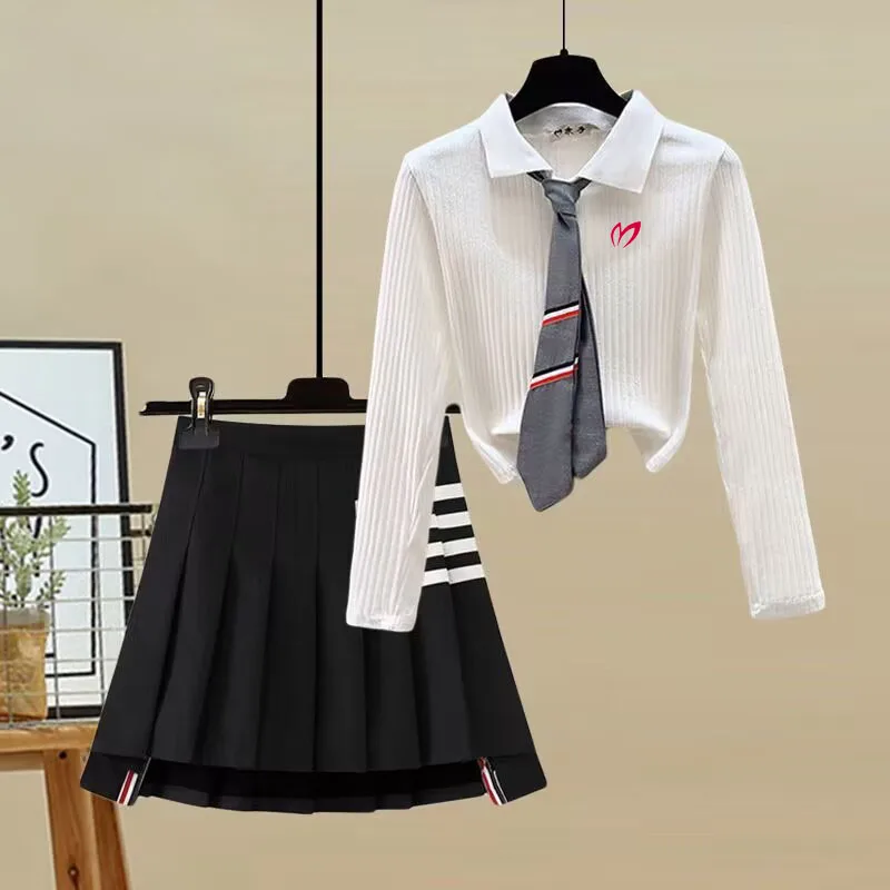 2023 spring and summer new polo sweater top+pleated skirt short skirt suit women's high waist slim A-line skirt golf skirt suit