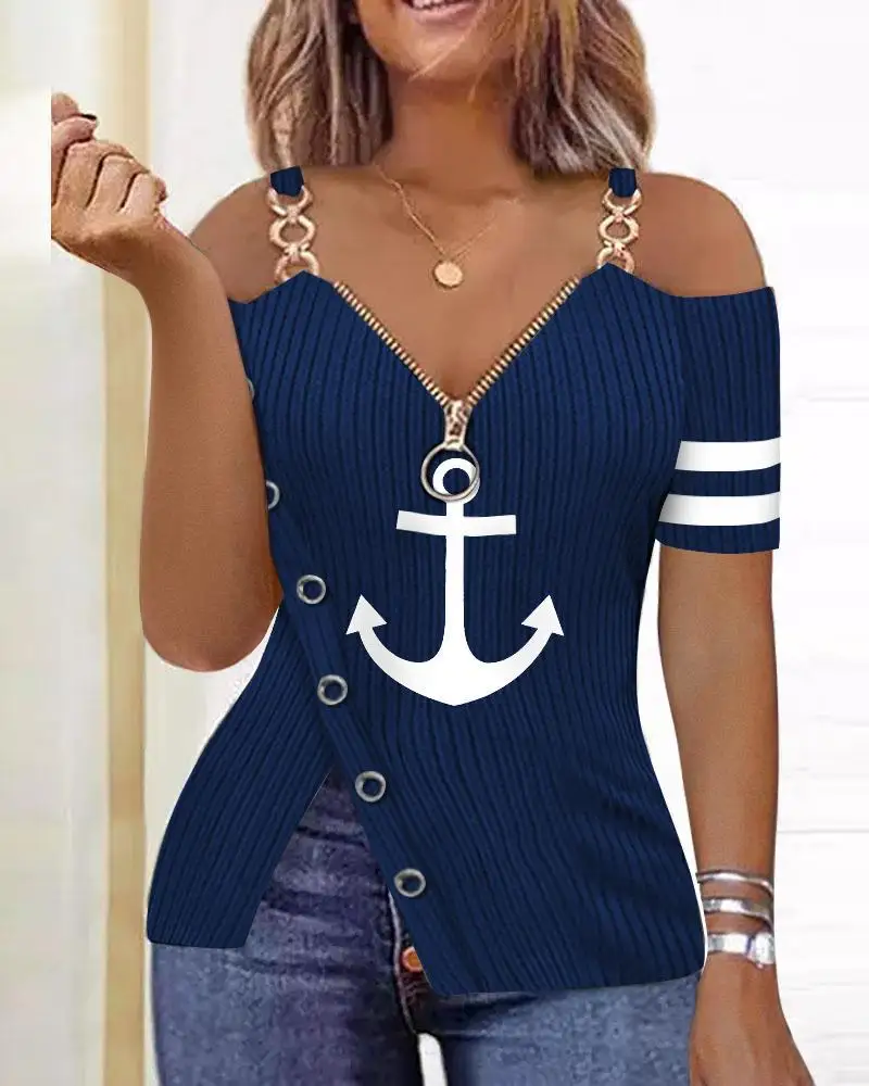 

Anchor Print Zip Detail Split Hem Cold Shoulder Top Women Short Sleeve Spring Summer T Shirt Tops Blouse