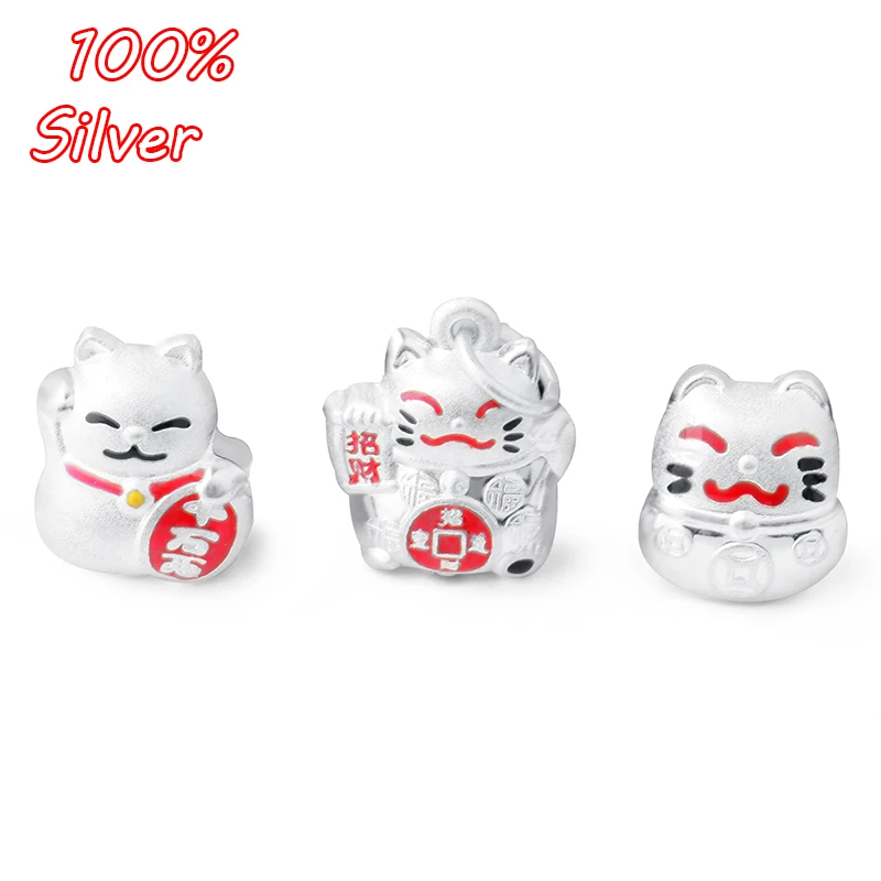 

S925 Sterling Silver Color Epoxy Lucky Cat Pendant DIY Handmade Rope Material Accessories Perforated Beads