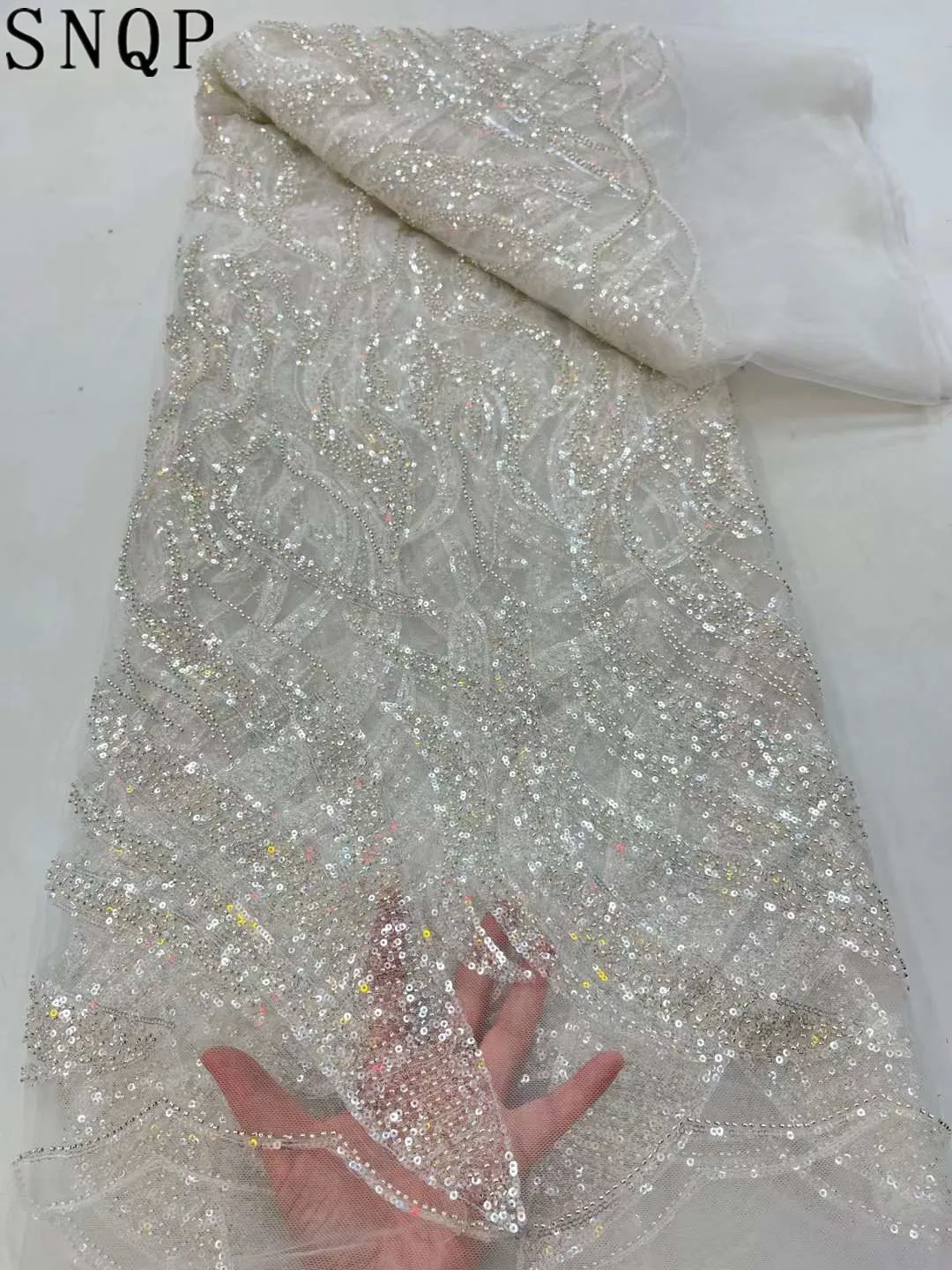 

2022 New Arrival Luxury Green Sequin With Pearl Lace Fabric African High Quality Bead Tulle Fabric French For Bride Dress Sewing