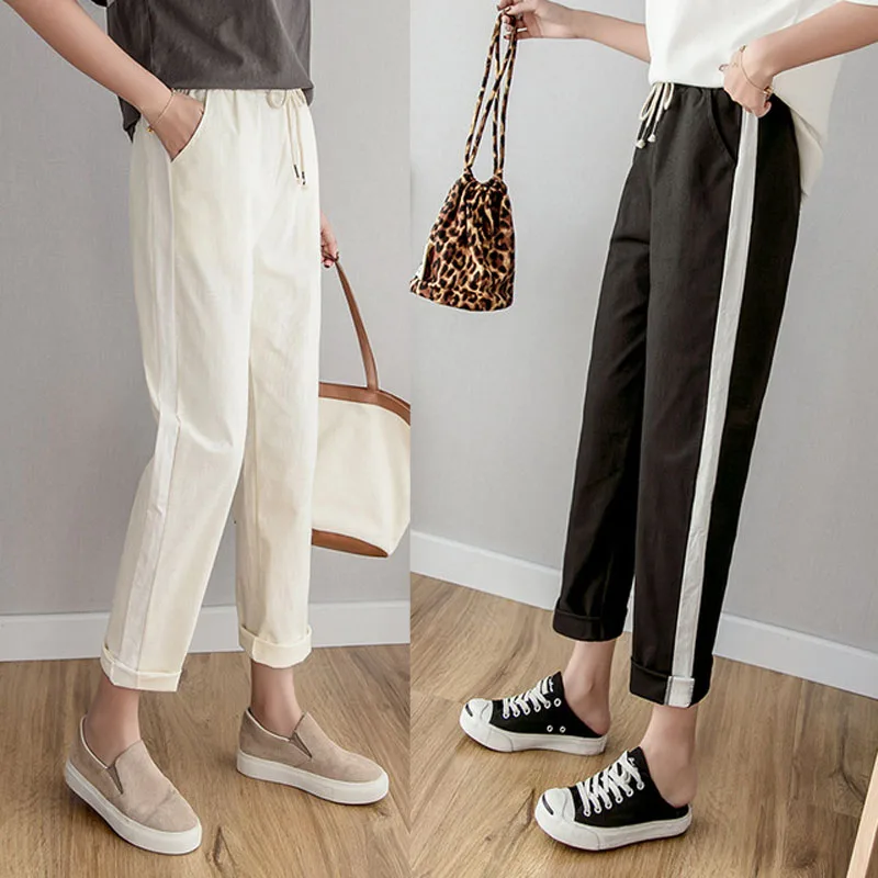 

Брюки женские до щиколотки, хлопково-льняные шаровары с эластичным поясом, повседневные Черные Брюки-карандаш с полосками по бокам, весна-л...