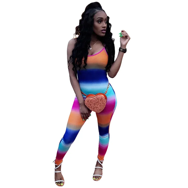 

Rainbow Print Spaghetti Strap Casual Jumpsuits for Women Streetwear Sleeveless Tight Overalls Tie Dye One Piece Bodycon Jumpsuit