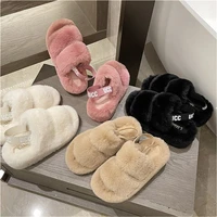 autumn and winter thick bottom fur slippers womens slide wedge with elastic band outside wearing open toe plush cotton slippers