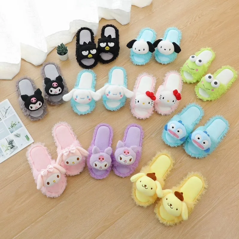 

New Cute Cartoon Girly Heart Home Open Toe Plush Slippers Anime My Melody Kuromi Cinnamoroll KT Cat Kawaii Indoor Floor Slippers
