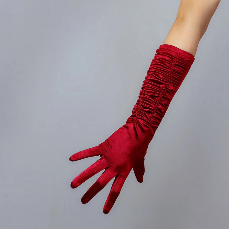 

Satin Silk Gloves Female 40cm pleated Elastic Mercerized Pearl Satin Wine Red Women Evening Party Gloves With Touchscreen WSG19