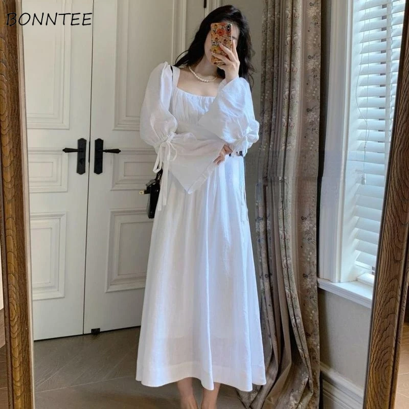 

Long Sleeve Dress Women Elegant Lovely Folds Mid-calf College Spring Clothing Cosy Solid New Arrival Korean Style Empire Leisure