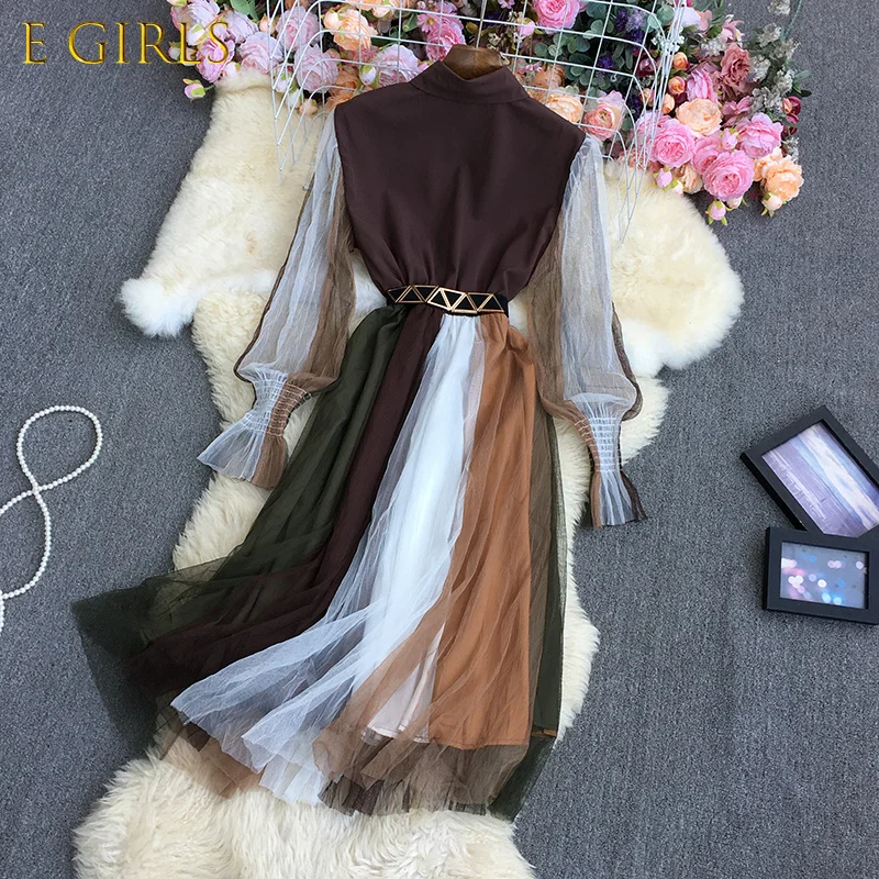 

E GIRLS Korean Hit Color Patchwork Gauze Dresses Women Turn-down Collar Lantern Sleeve Dress 2022 New Belt Slim Waist Vestidos