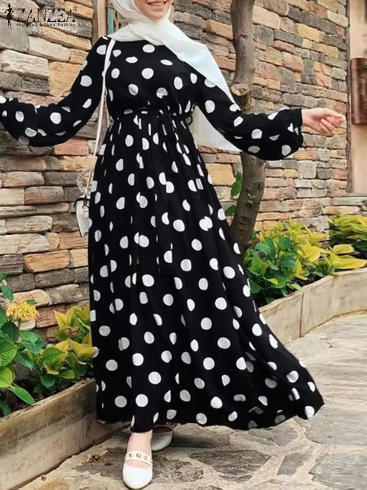 ZANZEA Women Summer Print Muslim Dresses Kaftan Polka Dots Dress Casual Puff Sleeve Maxi Vestidos Female Turkish Robe Femme 7