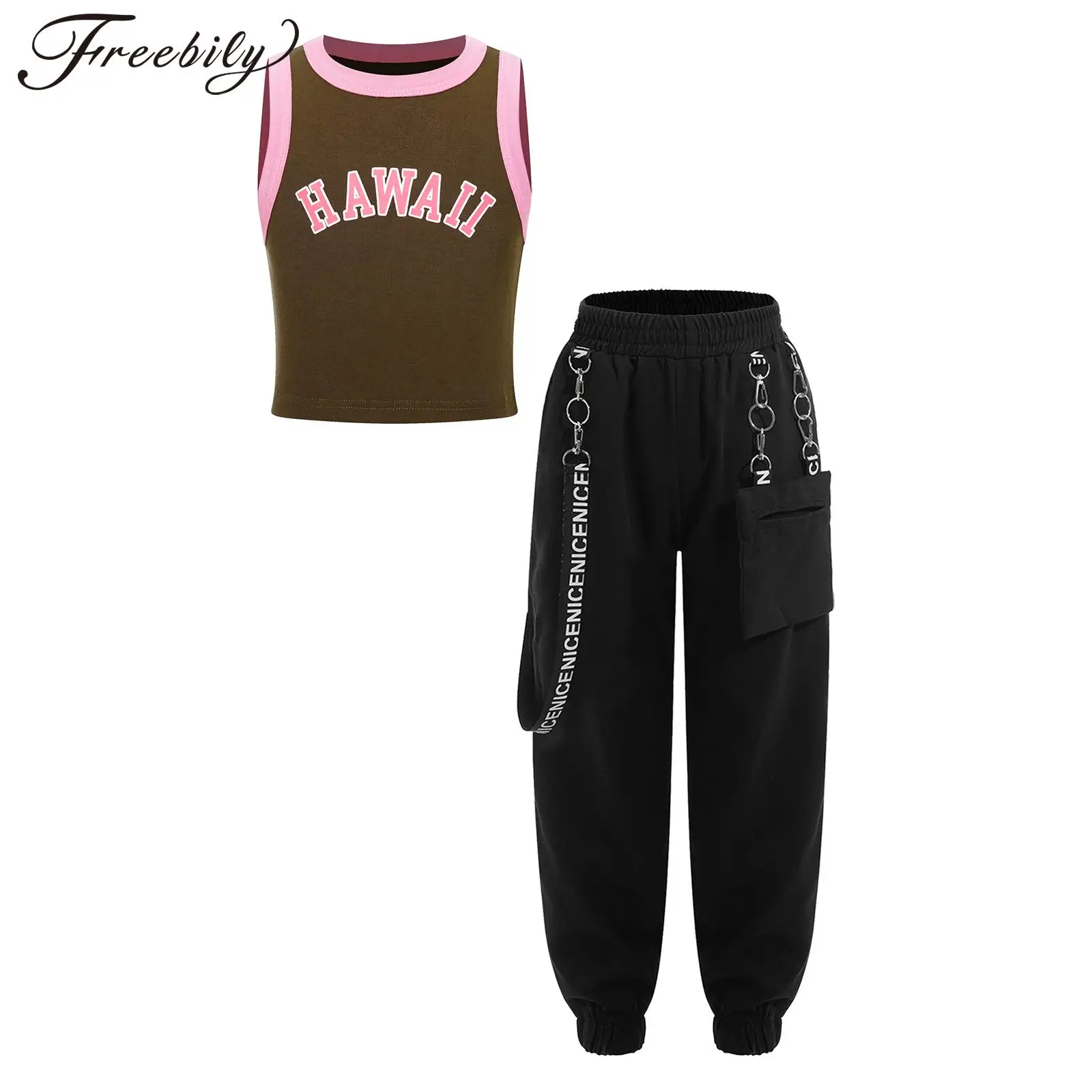 

Kids Girls Jazz Hip-hop Street Dance Costumes Sleeveless Tank Tops Crop Top and Cargo Harem Pants Dancing Clothes Set