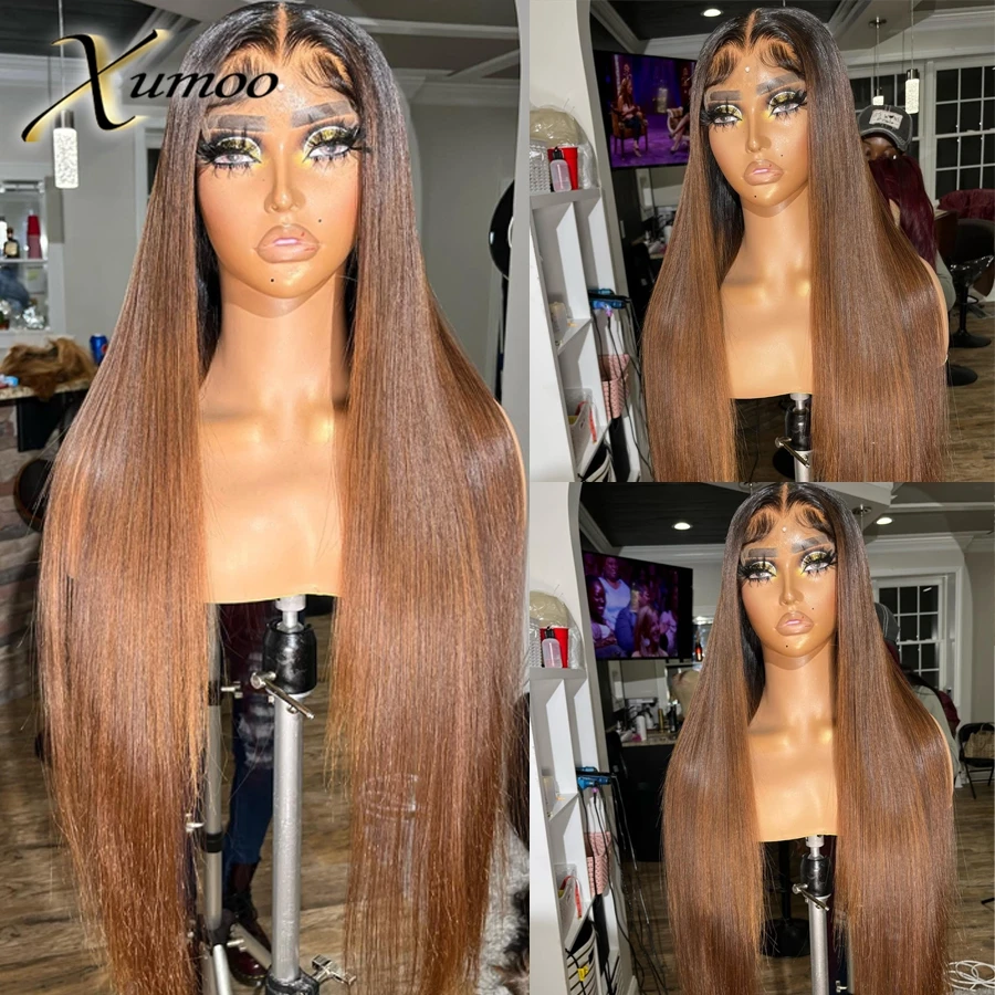XUMOO Brown Ombre Colored 13×4 Lace Frontal Wigs For Women Pre-Plucked Transparent Lace Peruvian Straight Human Hair Wig