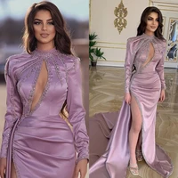 luxury purple evening dress woman sequins beads formal prom gown long sleeves high split wedding celebrity party dresses