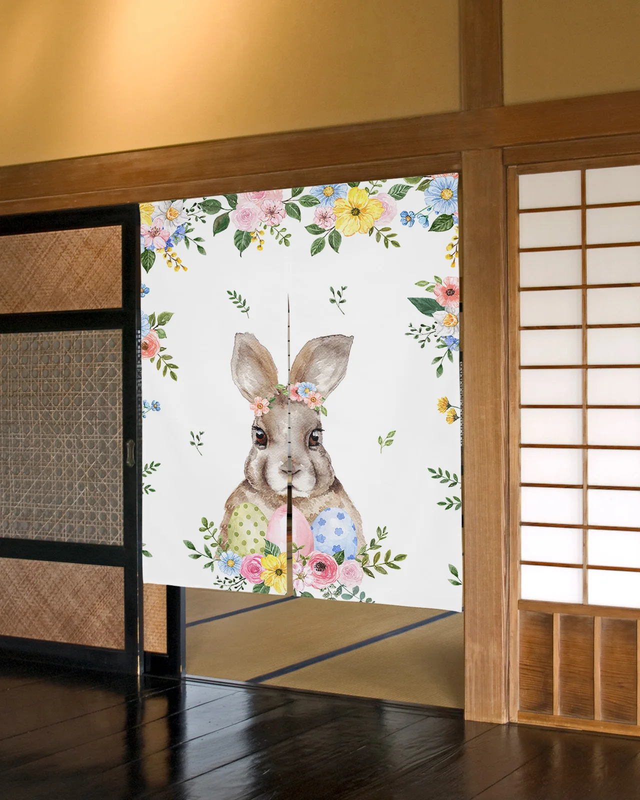 

Easter Rabbit Spring Wild Flowers Japanese Door Curtain Restaurant Kitchen Entrance Partition Doorway Curtains Half-Curtain