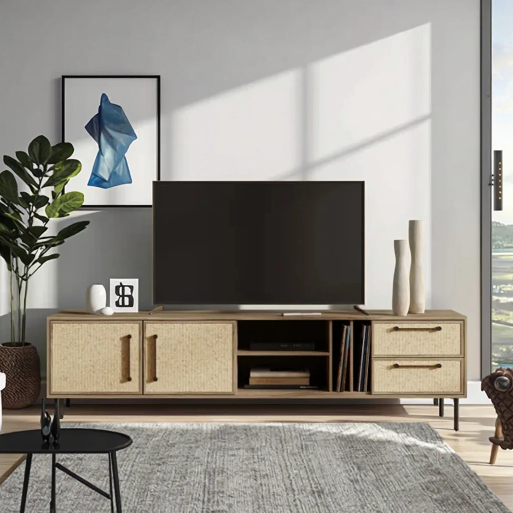 Фото Extra Breites Modernes TV-Gerät Mit 2 Rattan Türen, 2 Schubladen Undembaliebautem Kabelmanagement-TV-Tisch Für Fernseher Bis 75 \ №1