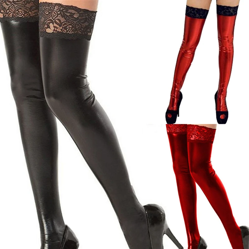 

Красные черные пикантные чулки до бедра для женского костюма, черные кожаные Клубные чулки выше колена из полиэстера