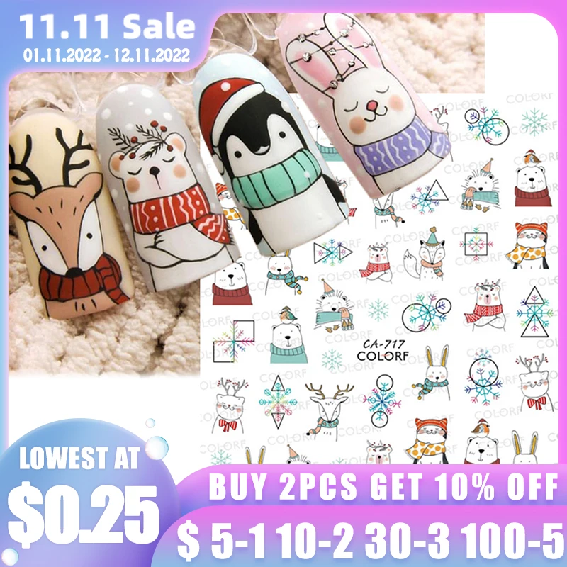 

Рождественские 3D наклейки для ногтей, милые слайдеры с белым медведем, Кроликом, кошкой, зимние украшения для ногтей, снеговик, снежинки, нак...