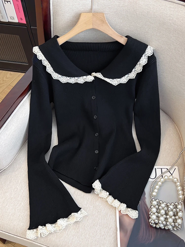 Self-Retained Recommend ~ Lace Doll Collar Bell Sleeve Knit Women Autumn New Chic Base Top