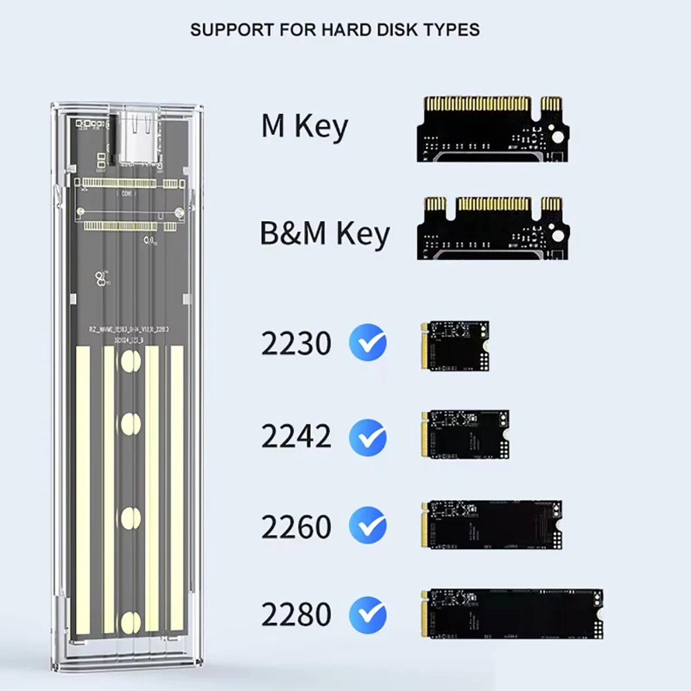 Фото Корпус M.2 NVME SATA SSD USB3.1 Gen1, прозрачный внешний жесткий диск, бесплатный инструмент, адаптер корпуса 10 Гбит/с для 2230 2242 2260 2280 №4