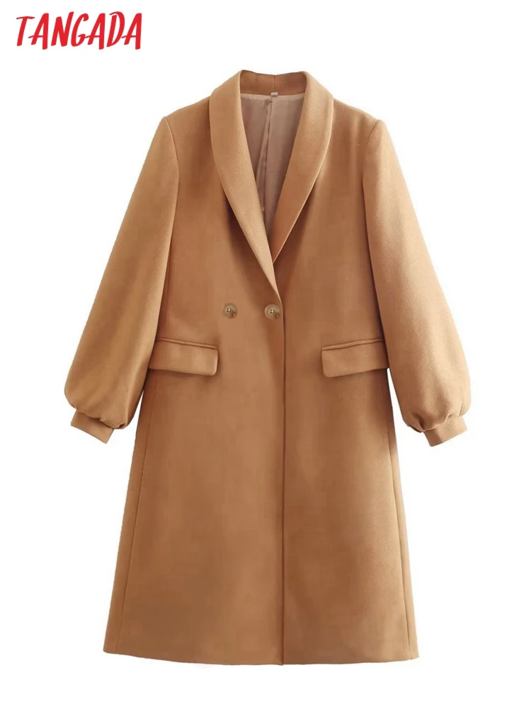 

Tangada Women's Khaki Woolen Coat Loose Long Sleeves Pocket 2022 Ladies Elegant Autumn Winter Coat 1F87