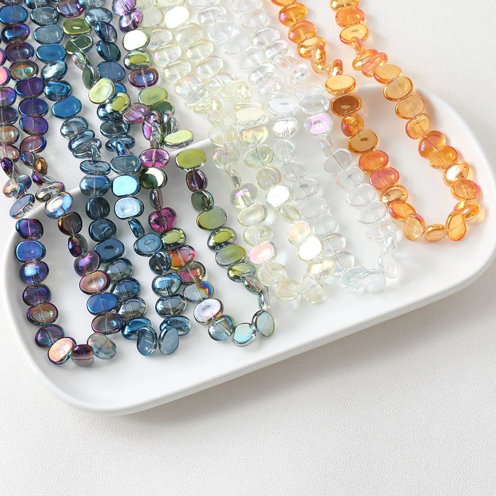 

50PCS Glass Beads Flat Bean Oval Cross Hole Bead DIY Making Supplies Jewelry Material Accessories