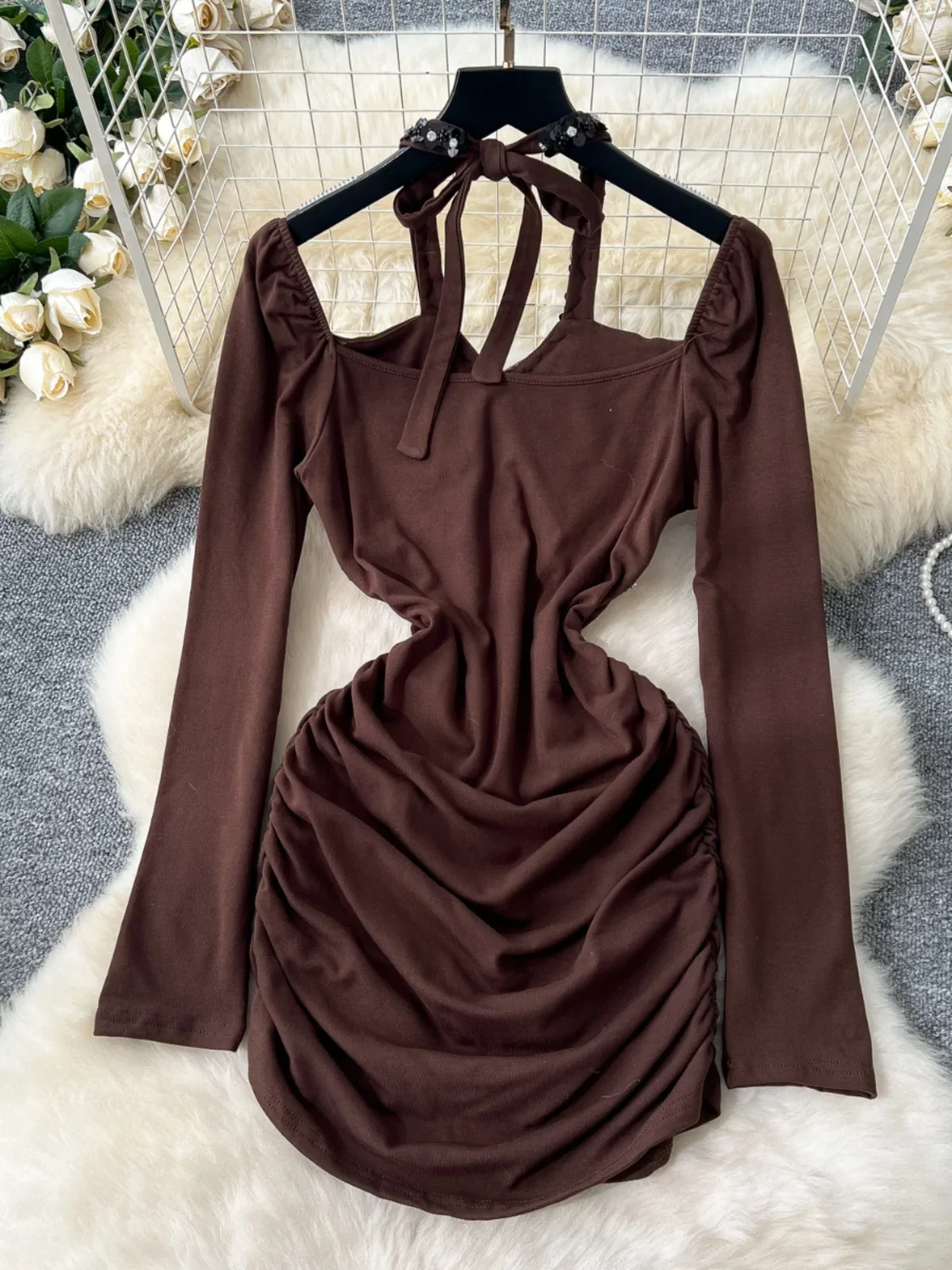 Foamlina Muse Fan Temperament Сексуальные платья с вырезом из бисера и блестками Женские