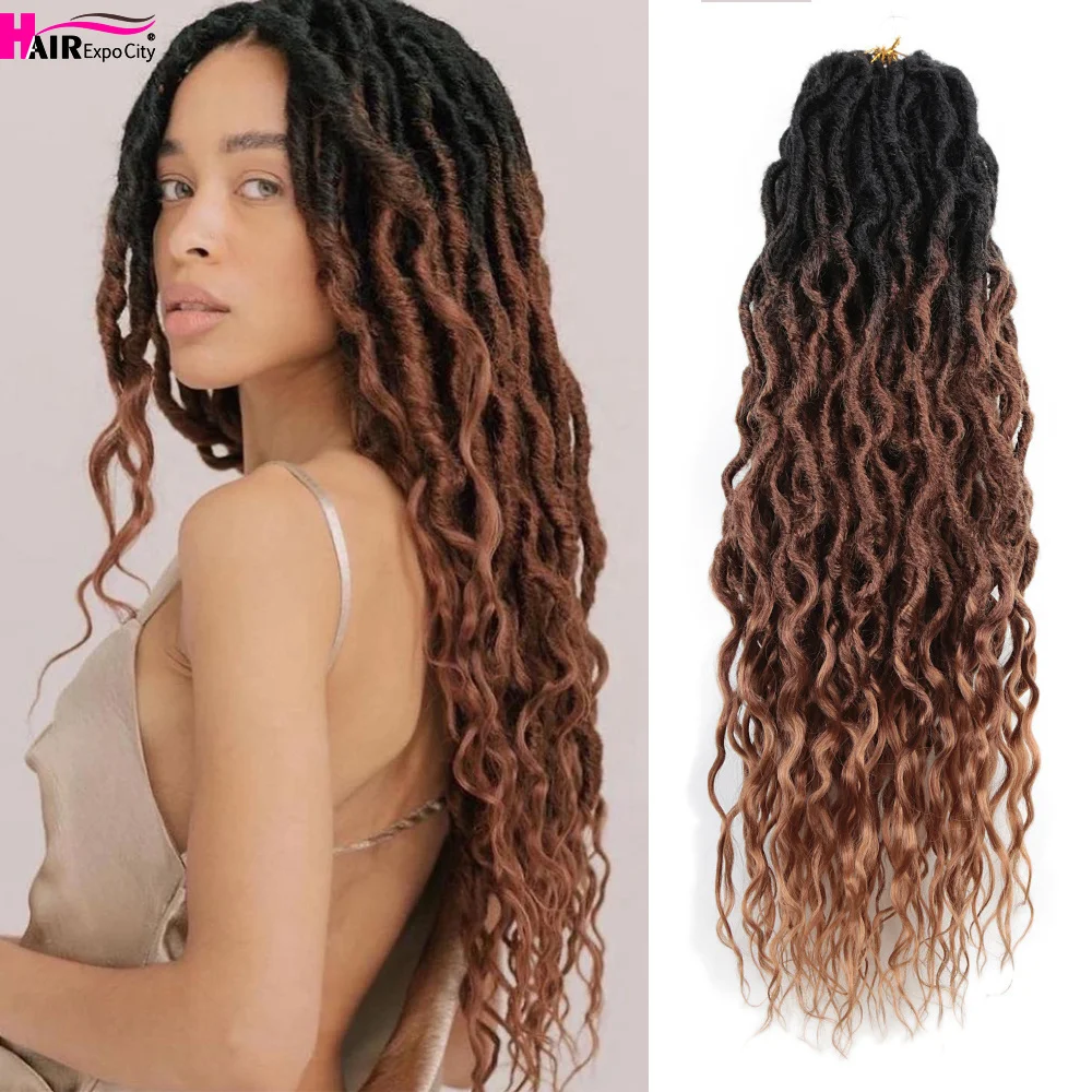 Goddess Faux Locs Crochet Hair With Curly Ends Wavy Queen Locs Pre-Looped Synthetic Ombre BraidS Hair Extensions Afro Dreadlocks