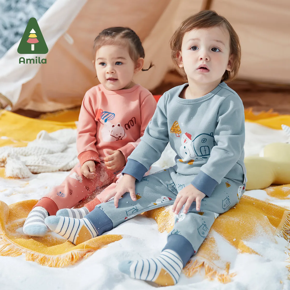 

Amila Baby Underwear Set 2022 Winter New Boys and Girls Cute Cartoon Suit Lightfleece Galling Warmth Coordinates