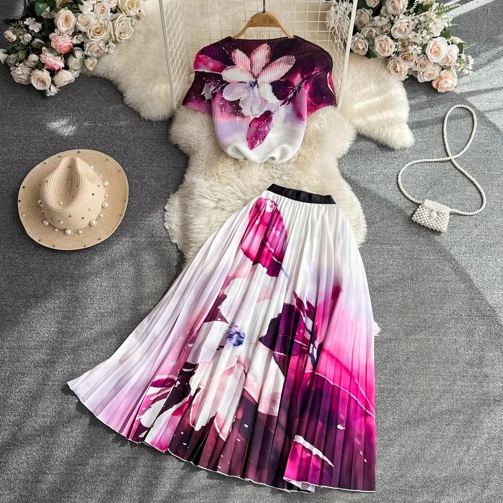 

Summer Runway Flower Skirt Suit Women's Stretch Flower Print Tops + High Waist Floral Printed Skirt Holiday Two Pieces Set