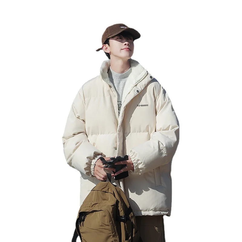 Winter cotton-padded men's 2022 new boys plus velvet warm cotton-padded clothes simple fashion fashion collar coat cotton-padded