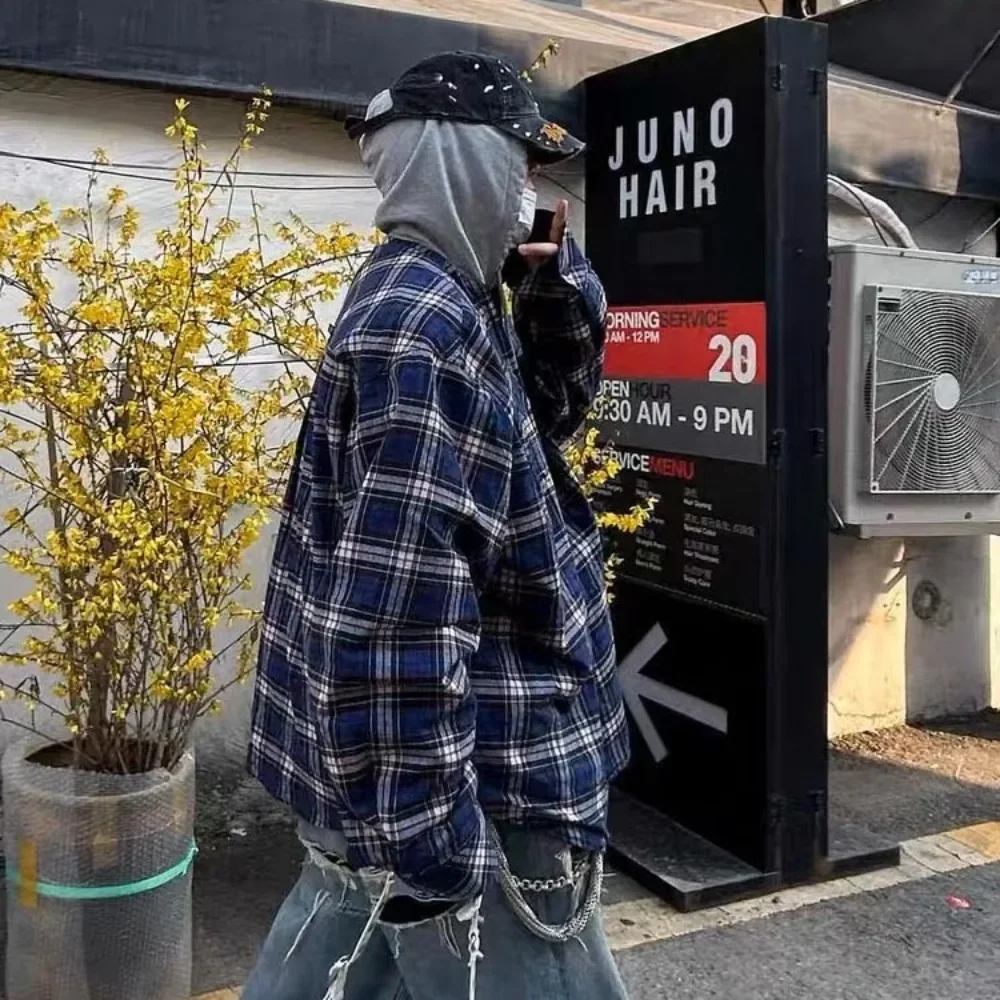 NIGO Мужская двусторонняя винтажная клетчатая рубашка с капюшоном на весну и осень